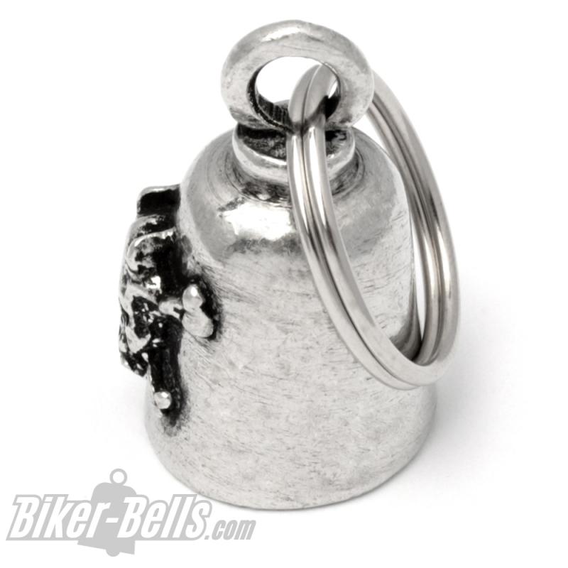 Totenkopf Biker-Bell mit gekreuzten Knochen und Teufels-Hörner Motorrad-Glocke